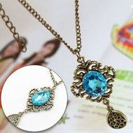 Fashion Hollow Sweater chain Blue Crystal Dangle Necklace Waterdrop Retro N3