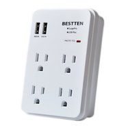 Bestten 3 Outlet Wall Mount Surge Protector with 2 USB Charging Ports (2.4A/Port, Total 3.1A) and Safety Covers...