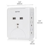 Bestten 3 Outlet Wall Mount Surge Protector with 2 USB Charging Ports (2.4A/Port, Total 3.1A) and Safety Covers... N3