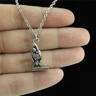 Silver Alloy Science Microscope Pendant Short Chain Collar Necklace 18" Retro N3