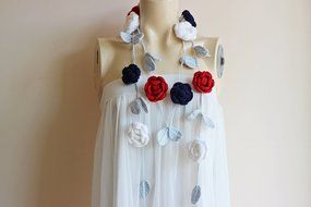 Rose Scarf-Rose Crochet Scarf-Navy White Red Roses With Grey Leaves-Lariat Necklace - Christmas Gift For Her Girlfriend... N4