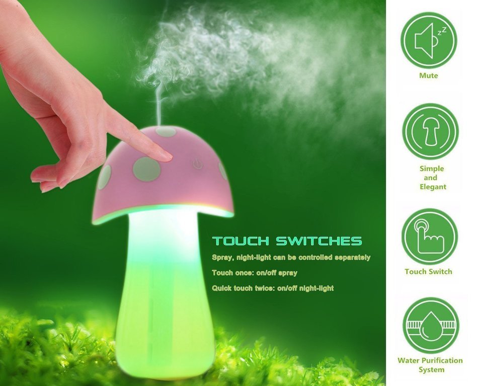 AmiCool 200ml Mushroom Mini USB Humidifier Purifier with LED Light for Office Home Car travel(Red) N7
