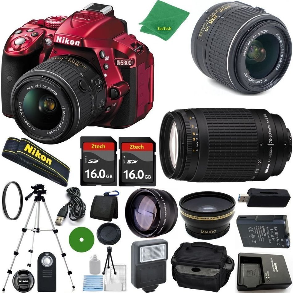 Nikon D5300 Red - International Version (No Warranty), 18-55mm f/3.5-5.6 DX VR, Nikon 70-300mm f/4-5.6G, 2pcs...