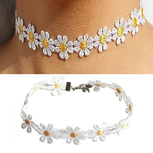 Women Daisy Choker Chain Necklace Lace Yellow White Flowers Boho Necklace