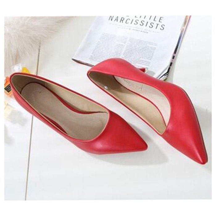 red Leather Pointed Closed Toe Low Heel Pumps