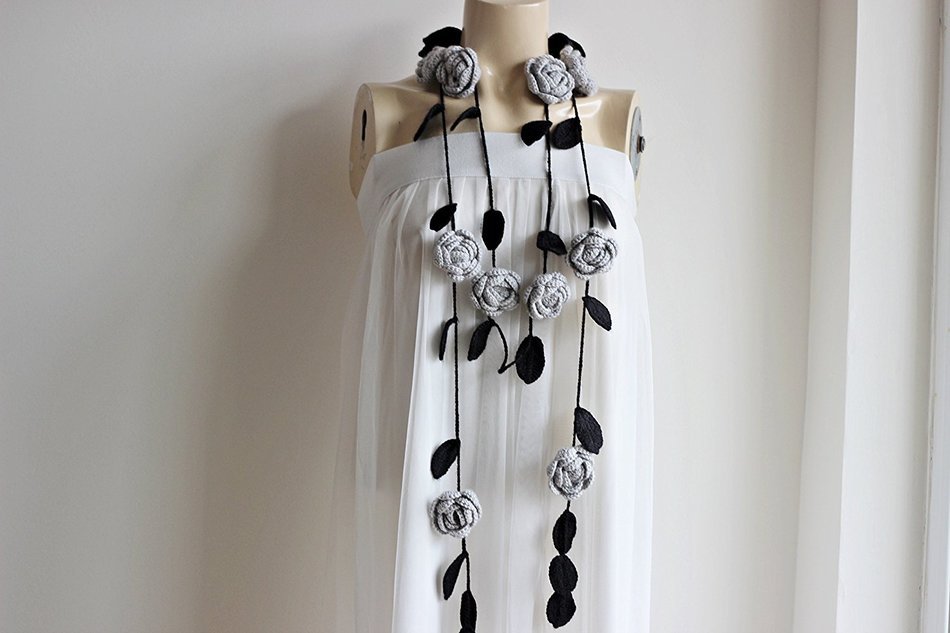 Rose Grey Scarf-Gray Lariat Necklace -Gray Roses with Black Leaves-Christmas Gift For Her Girlfriend Wife Mother-Vegan... N2