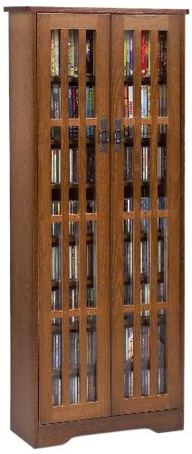Leslie Dame M-477W High Capacity Inlaid Glass Mission Style Multimedia Storage Cabinet, Walnut