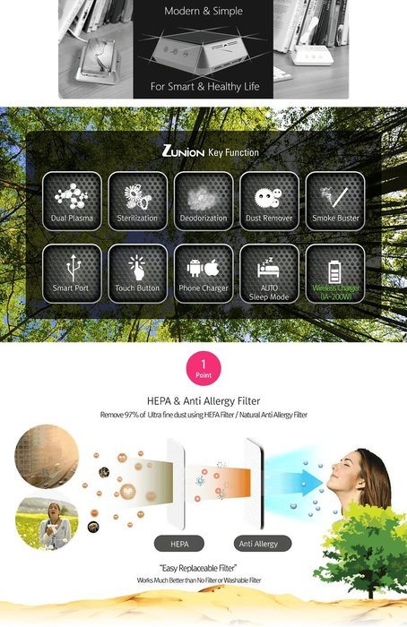 Zunion IA-200W Mordern Hybrid Smart Air Purifier Dual Anion Sterilizing Air Cleaner Wireless Charging (Black) N8