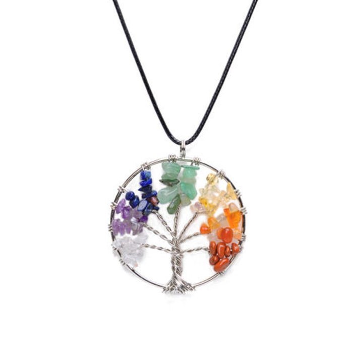 Crystal Quartz Natural Gemstone 7 Chakra Healing Tree of Life Pendant Necklace