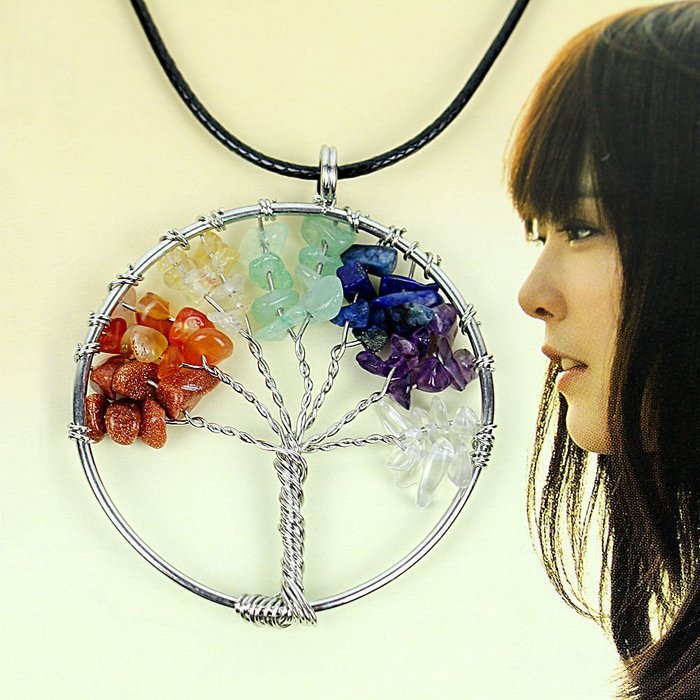 Crystal Quartz Natural Gemstone 7 Chakra Healing Tree of Life Pendant Necklace N2