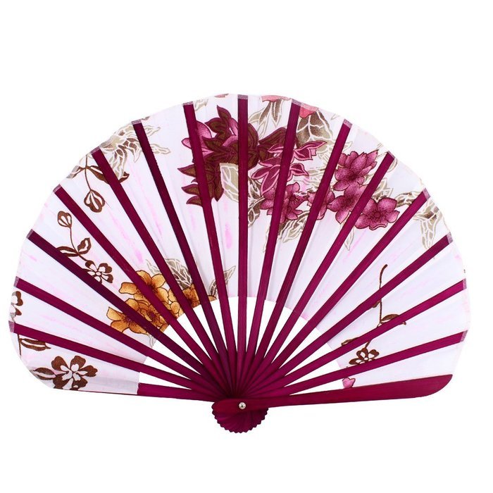 Wood Rib Seashell Shape Flower Printed Folding Hand Fan White Burgundy