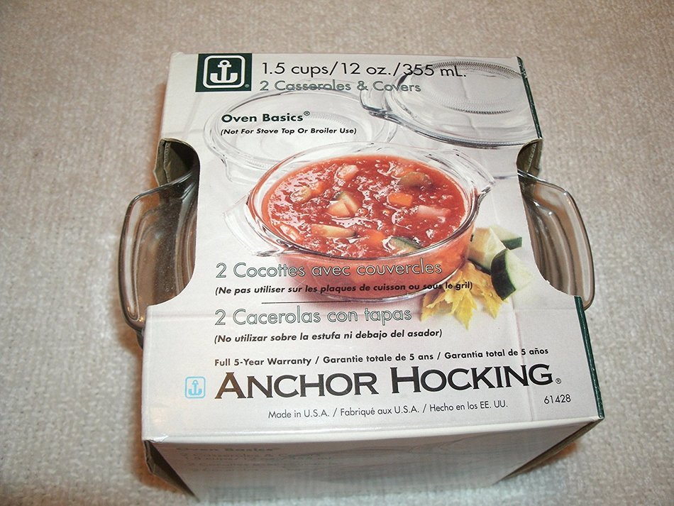 Anchor Hocking Oven Basics Set of Two 1.5 Cup 12 oz Casserole Dishes and Covers