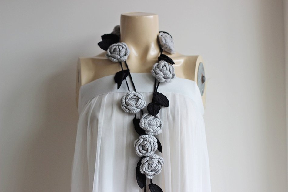 Rose Grey Scarf-Gray Lariat Necklace -Gray Roses with Black Leaves-Christmas Gift For Her Girlfriend Wife Mother-Vegan... N3
