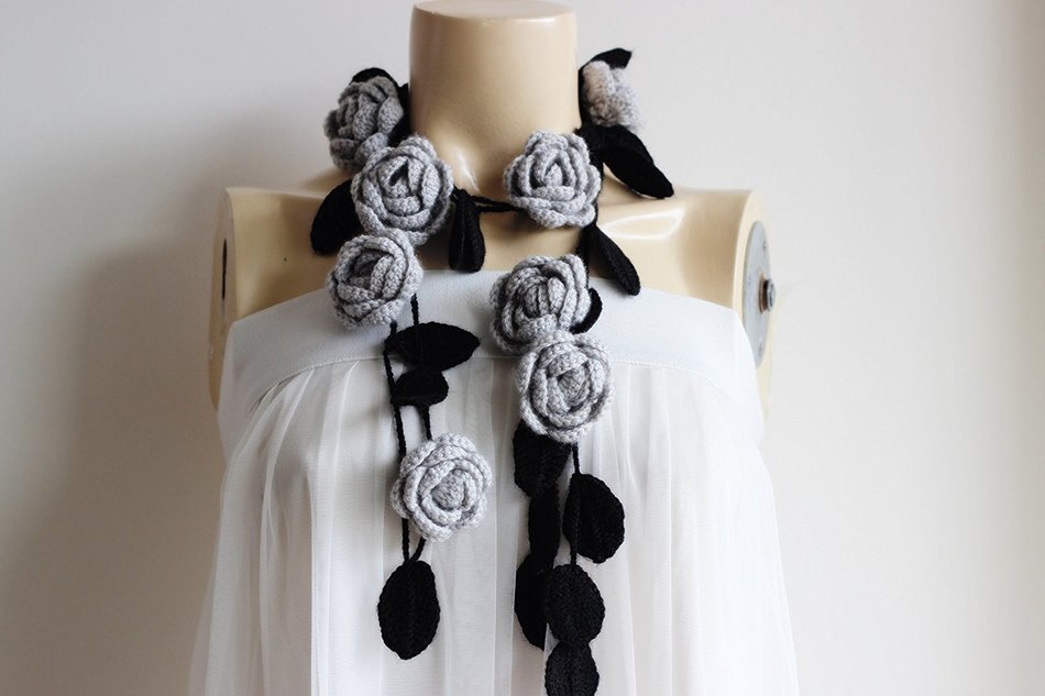Rose Grey Scarf-Gray Lariat Necklace -Gray Roses with Black Leaves-Christmas Gift For Her Girlfriend Wife Mother-Vegan... N4