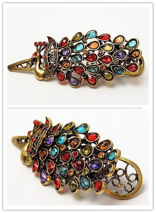 Girls Women Vintage Crystal Rhinestone Peacock Hair Barrette Clip Hairpin 1pcs