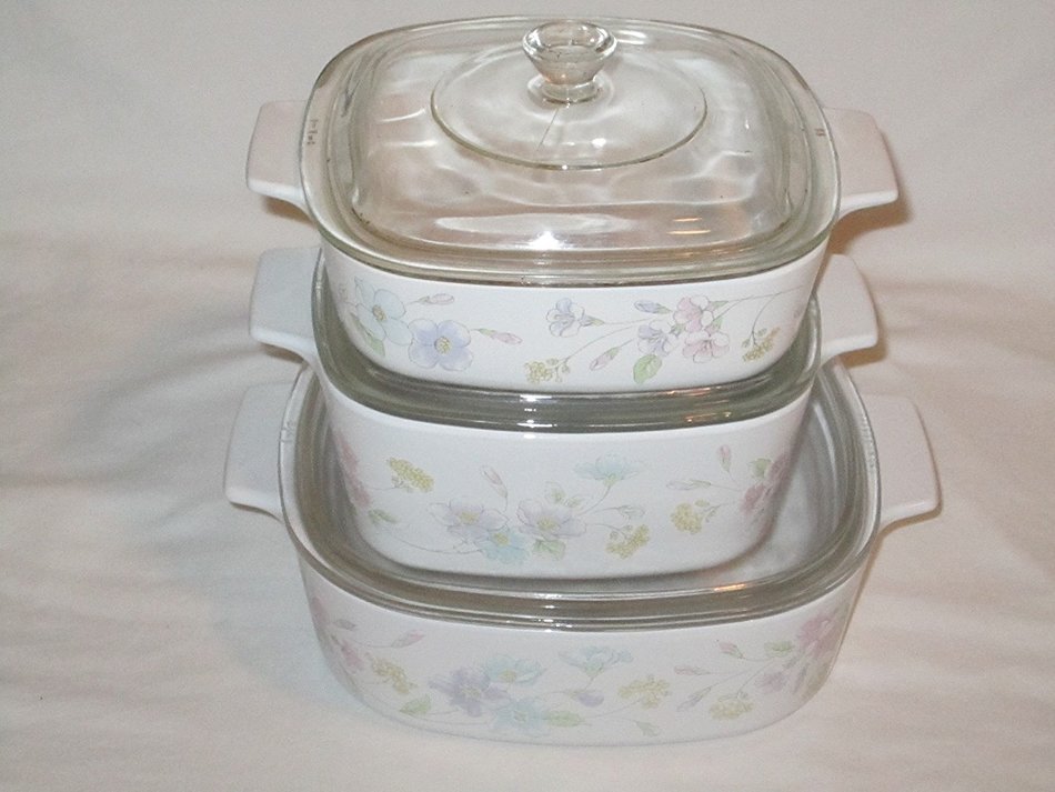 SET OF 6 - Vintage Corning Ware Pastel Bouquet 1 Liter, 1.5 Liter & 2 Liter Covered Casseroles