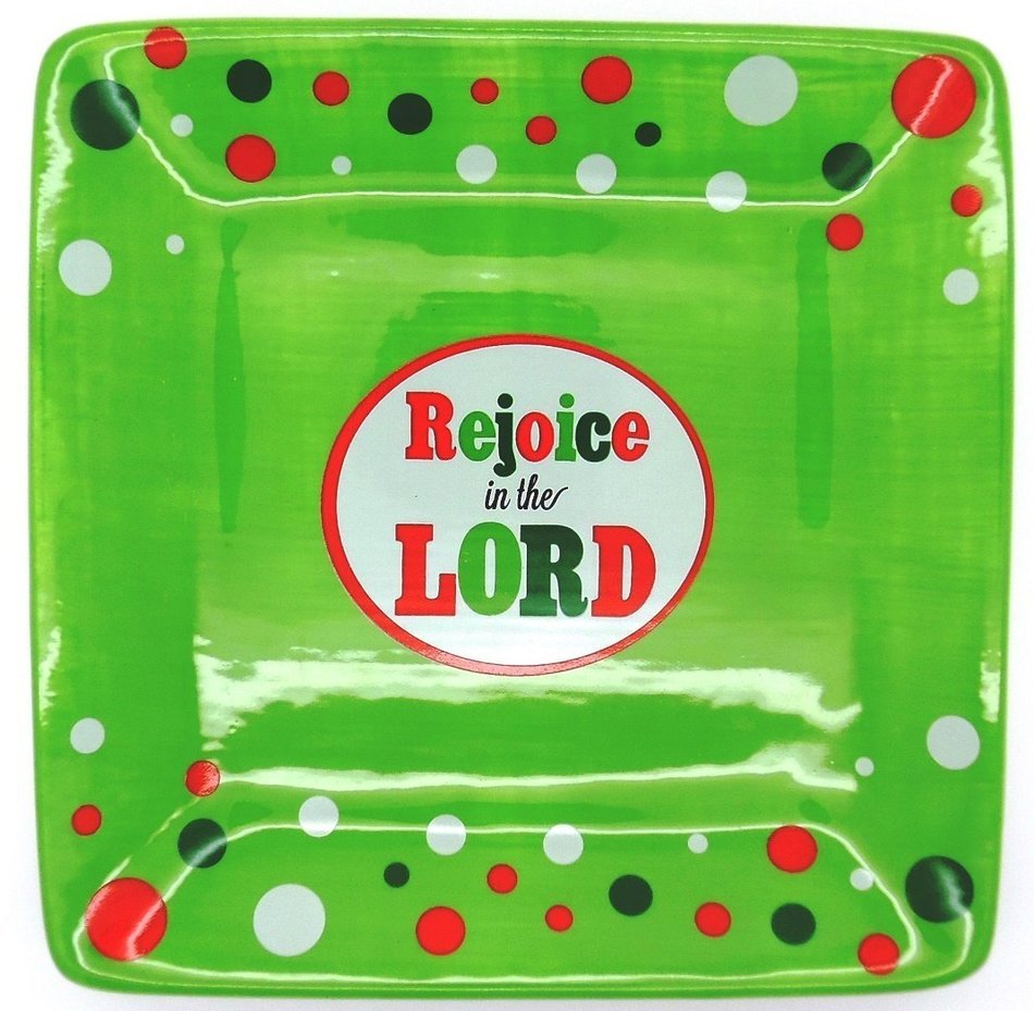 Rejoice in the Lord 6" X 6" Ceramic Tidbit Tray - Green with Dots