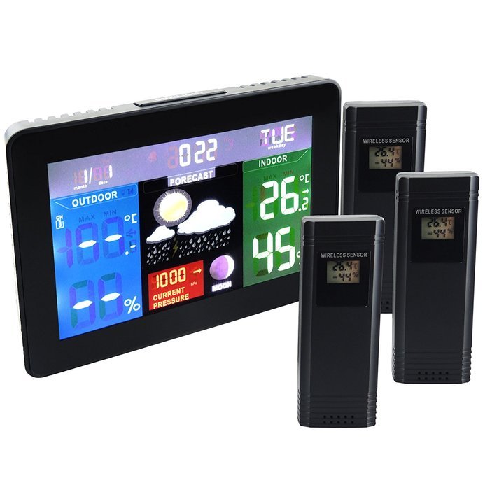 3 Wireless Sensor Weather Station WWVB RCC Thermometer Barometric Pressure RH% Indoor Outdoor Temperature Monitor...