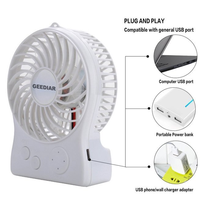 Portable Mini USB Fan GEEDIAR 3 Speed Control Rechargeable Table Desk Fan with LED light White