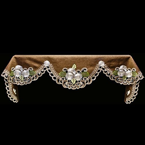 19" X 90" Wide Fireplace Mantel Scarf with White Daisy on Brown Linen and Cut Work