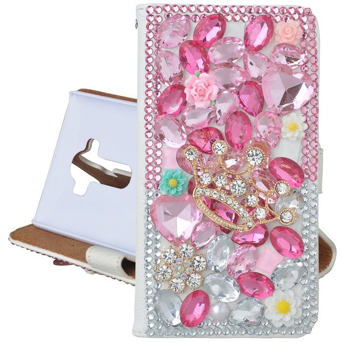 Spritech(TM) PU Leather Bling Phone Case For ZTE ZMAX Z970,Handmade Blue Crystal White Flower Accessary Design... N12