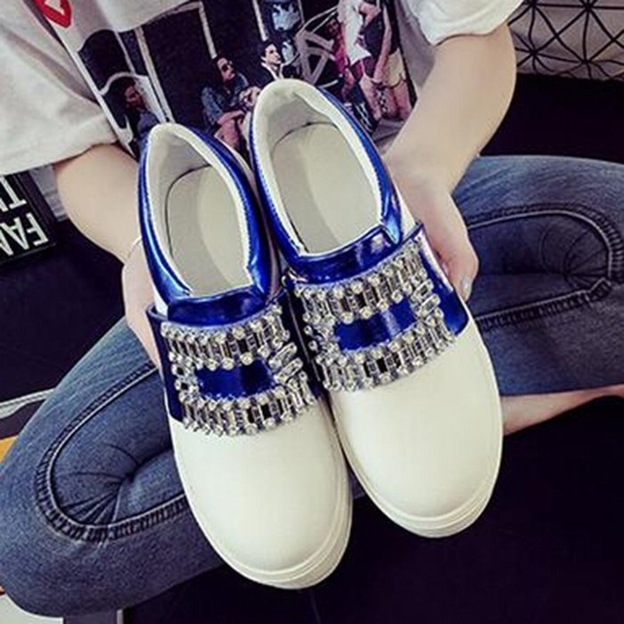 Spritech(TM) Women Girl Summer PU Leather Round Toe Crystal Design Platform Wedges Casual Shoes 37 Blue N8