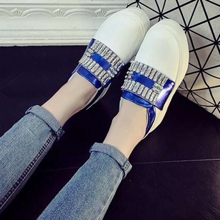 Spritech(TM) Women Girl Summer PU Leather Round Toe Crystal Design Platform Wedges Casual Shoes 37 Blue N9