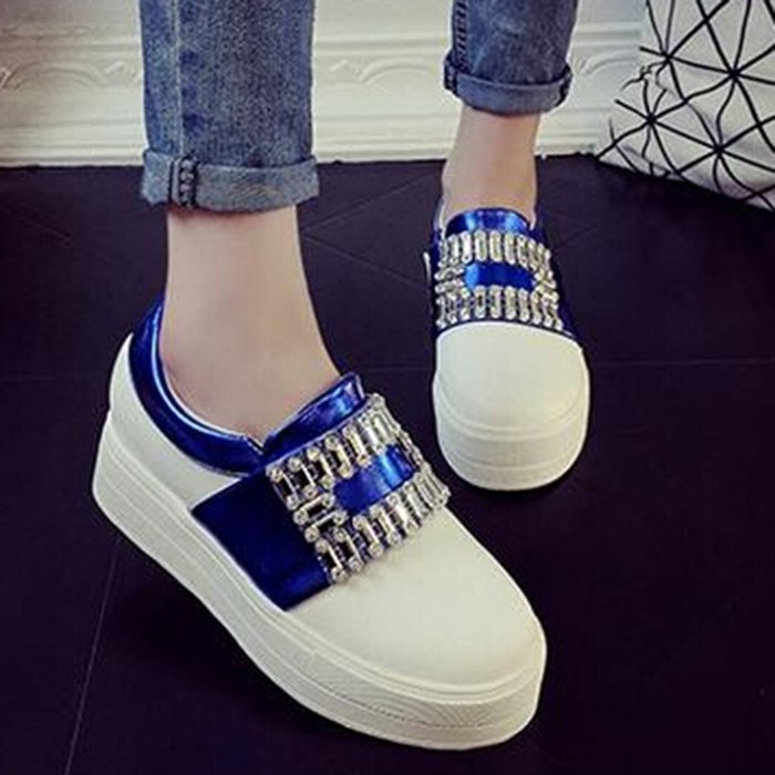 Spritech(TM) Women Girl Summer PU Leather Round Toe Crystal Design Platform Wedges Casual Shoes 37 Blue N10