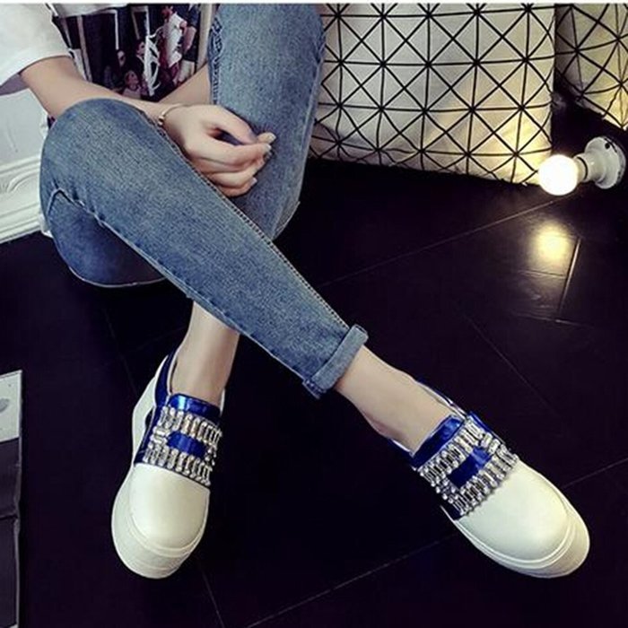 Spritech(TM) Women Girl Summer PU Leather Round Toe Crystal Design Platform Wedges Casual Shoes 37 Blue N11