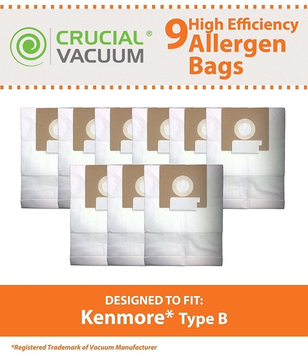 9 Kenmore Type B 85003 Allergen Bags; Fits 24196, 20-24196 and 115.2496210 Straight Extra-suction canister models...