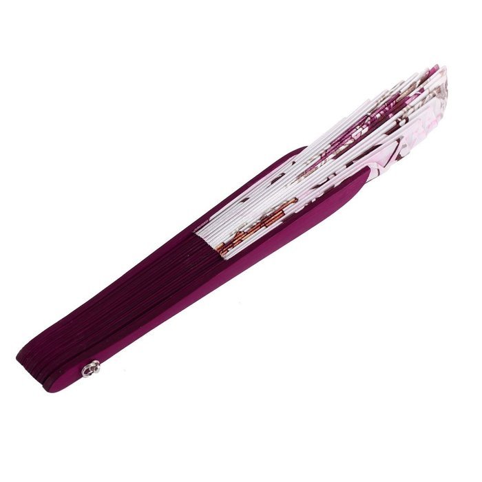 Wood Rib Seashell Shape Flower Printed Folding Hand Fan White Burgundy N2
