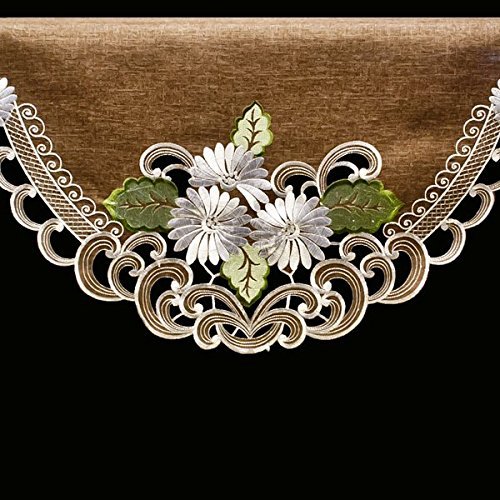 19" X 90" Wide Fireplace Mantel Scarf with White Daisy on Brown Linen and Cut Work N2