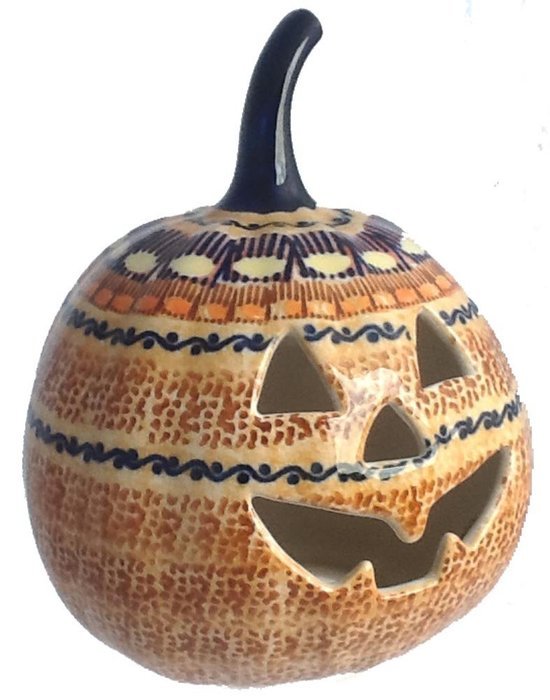7" Polish Pottery Stoneware Pumpkin Halloween Jack-o'-lantern Unikat KLJ October Sunrise