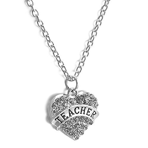 Teacher Tag Souvenir Gift Clear Crystal Love Heart Pendant Necklace Chain
