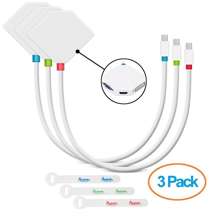 Aurum Cables Mini DisplayPort to HDMI + DVI + VGA Female Cable - 3 Pack Cable with 3 Piece Cable Ties - 1 Feet N3