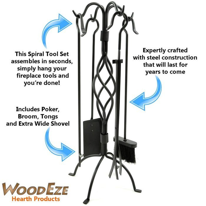 WoodEze FT3501A 5 Piece Black Spiral Design Fireplace Tool Set N5