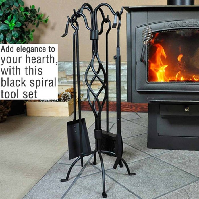 WoodEze FT3501A 5 Piece Black Spiral Design Fireplace Tool Set N6