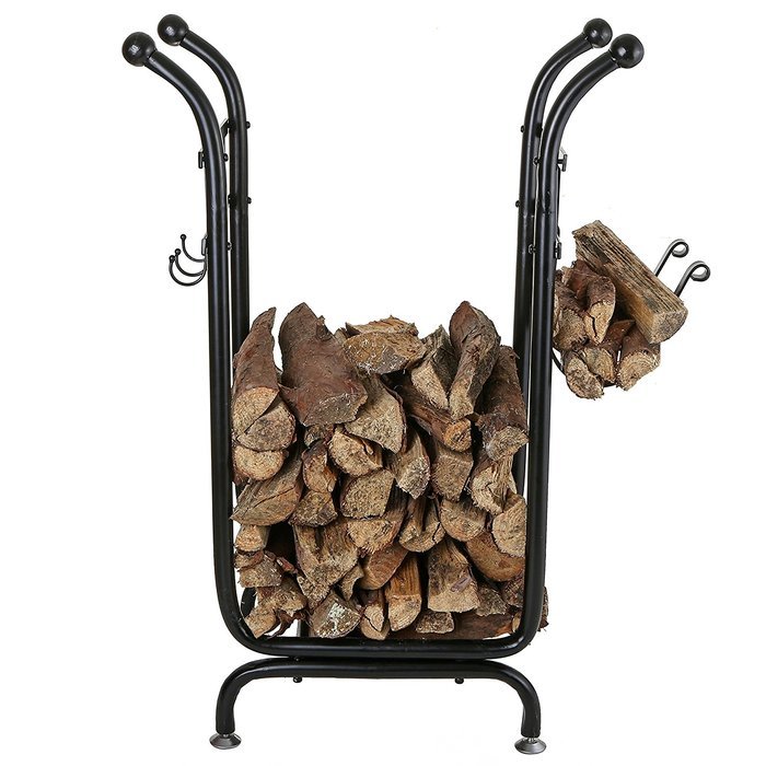 MyGift Firewood Rack, Log Holder with Starter Wood Storage & Tool Hooks, Black N7