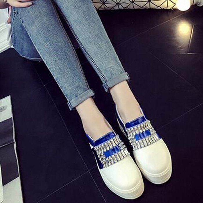 Spritech(TM) Women Girl Summer PU Leather Round Toe Crystal Design Platform Wedges Casual Shoes 37 Blue N16