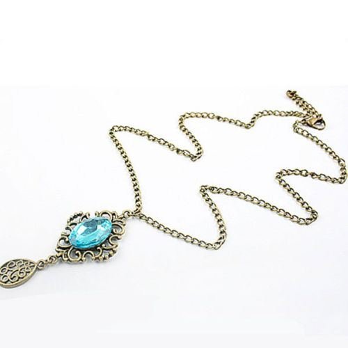 Fashion Hollow Sweater chain Blue Crystal Dangle Necklace Waterdrop Retro