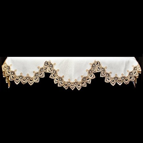 19" X 90" Wide Fireplace Mantel Scarf with Gold Beige Lace on White N2
