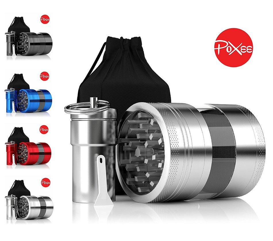 Weed, Herb and Tobacco Grinder - 4 Piece Aluminum Spice Crusher with Carrying Bag & Container - 3.25&rdquo; - Blue -... N4