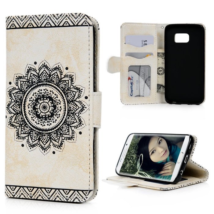 S6 Edge Case,Samsung Galaxy S6 Edge Case - Wallet Embossed Totem Flower Premuim PU Leather Snug Fit Soft TPU Inner... N7