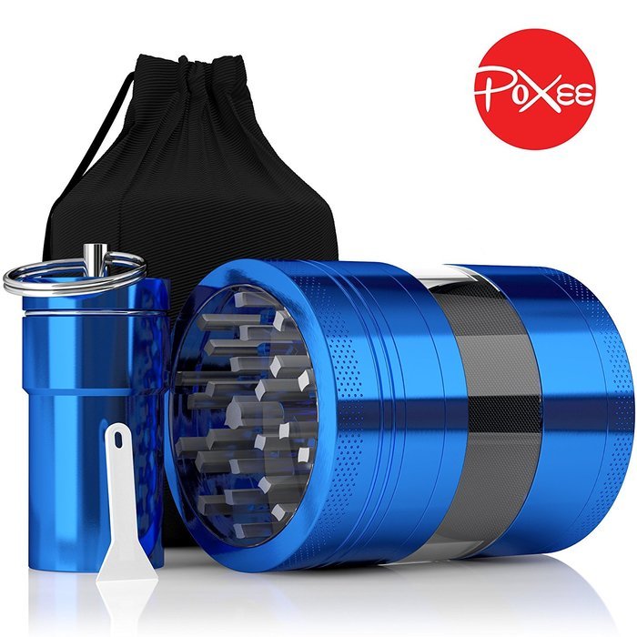 Weed, Herb and Tobacco Grinder - 4 Piece Aluminum Spice Crusher with Carrying Bag & Container - 3.25&rdquo; - Blue -... N5