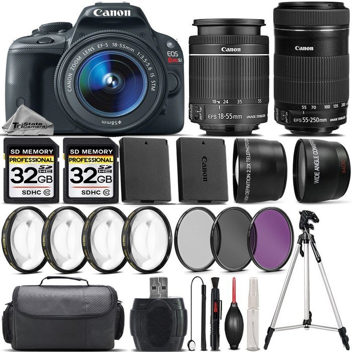 Canon EOS Rebel SL1 DSLR Camera + Canon 18-55mm STM Lens + Canon 55-250mm IS STM Lens + 0.43X Wide Angle Lens...
