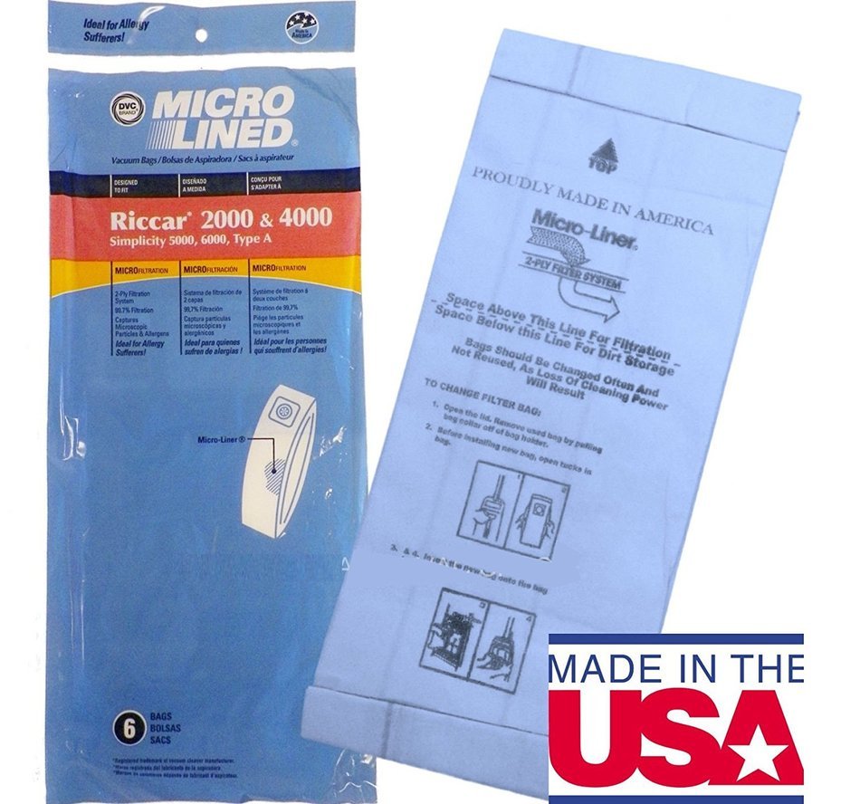 Riccar 2000, 4000, Vibrance, Simplicity 5000, 6000, Symmetry Series Type A Upright Bags, 6pk.