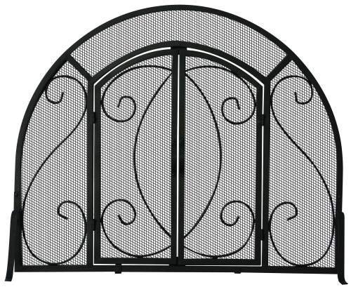 Single Panel Fireplace Screen w Doors & Ornate Scrollwork