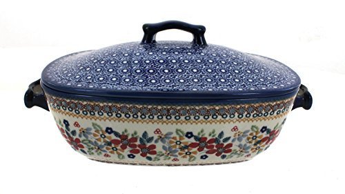 Polish Pottery Red Daisy Roaster with Lid