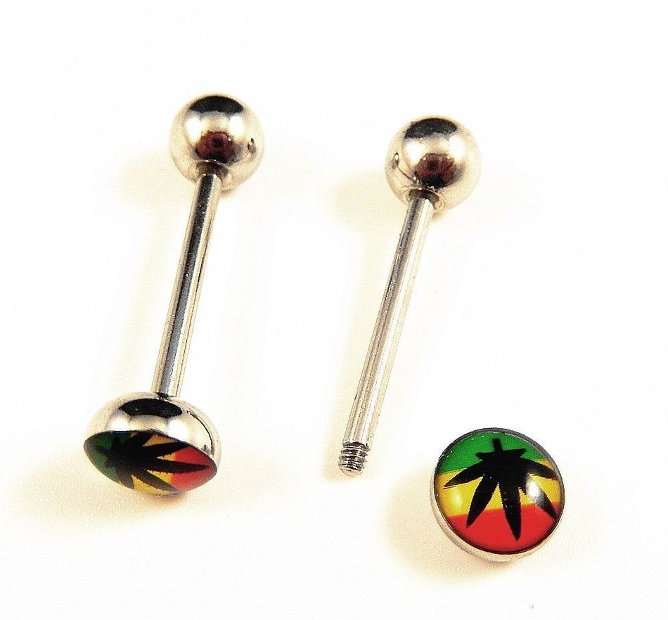 2Pc 316L Stainless Steel Marijuana/Weed Leaf Tongue Nipple Bar Barbell Ring