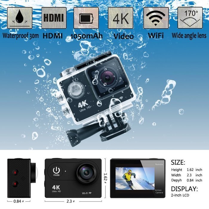 IWAWA Ultra HD 4K Wifi Waterproof Action Camera 4K1080P 170 Degree Wide Angle Lens